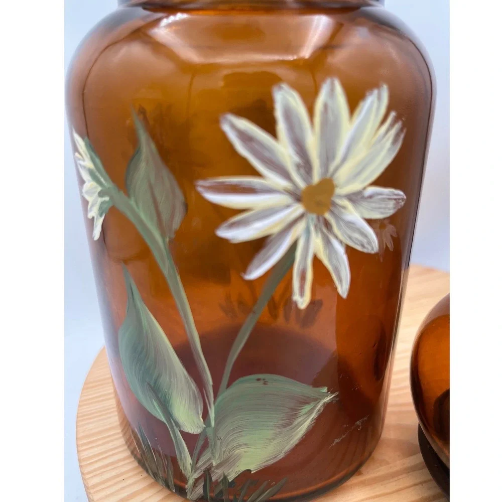 Vtg Belgian Amber Glass Jar Bubble Lid Hand Painted Daisy Storage Mid Century